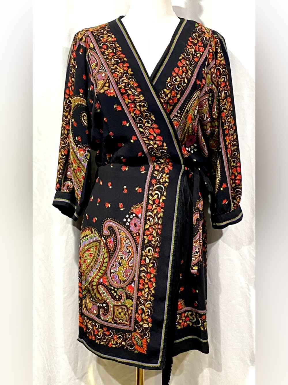 Zara Black Paisley Midi Wrap Dress with Multicolor Floral and Paisley Accents M.